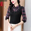 Women's Blouses S-4XL Red Plaid Shirts 2024 Women Autumn Winter Long Sleeve Elegant Office Lady Casual Retro Vintage Ruffles Velvet Tops