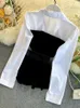 DEAT Spring Long Sleeve Patchwork Velvet Size Small Tops With Belt High Waist Shorts Two Piece Set Women MH334 240125