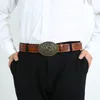 Bälten Western denim Zinc Alloy Letter Buckle Leather Top Line Retro Flower Orange Belt Men's and Women's äkta