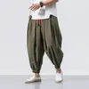 Herrbyxor bomullslinne män solast elastiska midja streetwear joggar 2024 baggy drop-crotch casual byxor
