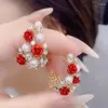 Dangle Earrings 2024 Koren Fashion Red Rose Rhinestone Stud For Women Pearl Flowers Earring Bride Wedding Engagement Jewelry