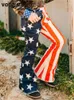 Women's Jeans 2024 Spring Autumn Women Urban Fashion American Independence Day Flag Print Flared Casual High Street Trousers