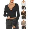 Women's Blouses Women Sexy Tops Autumn Clothing Wear V Neck Slim T-shirt With Button Neckline Solid Color Cropped