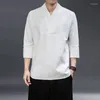 Mannen T-shirts Zomer Dunne Hanfu Oude Stijl 3/4 Mouwen Effen Kleur Kung Fu Kleding Harajuku Top Chinese Katoen linnen Shirt Mannen