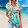 Damenblusen, Sommer-Blumengrafik-Shirts für Damen, kurzärmelig, Strand, lässig, Streetwear, Damen, V-Ausschnitt, Pullover, Tops