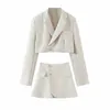 Xeasy Women Blazer kläder Två stycken Set Women Duits med kjol kvinnlig kostym tweed långa ärmar korta kjol kostymer blazer 240118