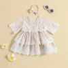 Flickaklänningar 0-4Y TODDLER Kids Girls Dress Flower Spets Half Sleeve Mesh Summer Princess Children Casual With Pannband
