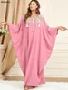 Ethnic Clothing Siskakia Women Abaya Sweet Pink Lace Patchwork O Neck Long Sleeve Oversized Batwing Robe Muslim Arab Dubai Turkey Dressing