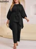 Grande taille 5XL VONDA femmes pantalons ensembles été haut asymétrique ceinturé taille élastique pantalons longs décontracté solide en vrac élégant 2 pièces 240130