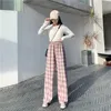하라 주쿠 격자 무늬 바지 여성 대형 레그 바지 여성 한국 스타일 하이 허리 체크 어트 파자마 스프링 가을 240129