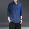 Men's T Shirts Summer Thin Hanfu Ancient Style 3/4 Sleeves Solid Color Kung Fu Clothes Harajuku Top Chinese Cotton Linen Shirt Men