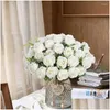 Couronnes de fleurs décoratives Fleurs décoratives Fleur artificielle Dix têtes Soie Blanc Rose Bundle Scrapbook Noël Mariage extérieur Dhcnx