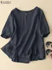 Kvinnors blusar Löst halva ärm Holiday Tunic Tops Zanzea Summer Vintage Blue Women Elegant Solid Ruffles Shirt Casual Cotton Blusas