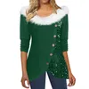 Women's Blouses Women Christmas Top Round Neck Button Sequin Decor Color Matching Thick Warm Pullover Long Sleeve Lady Fall Winter T-shirt