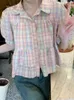 Blusas femininas camisa doce verão simples xadrez all-match puff manga design lazer na moda estudantes soltos concurso estilo coreano dobras