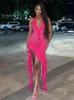 Повседневные платья Zenaide, розовое платье с 3D цветочным принтом и бретелькой на шее, женское летнее прозрачное платье без рукавов с открытой спиной и оборками, мини-пляжный праздник 2024