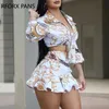 Two Piece Dress 2019 Spring Elegant Allover Printed Shirt och Sexig minikjol Set Womens Set J240202