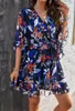 Casual Dresses Women's Elegant Dress Printed Soe Up Maxi 2024 Spring/Summer Senaste växter Blommor V-formade krage utskjutna ärmar