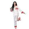 Wiosenna nowa piżama dla kobiet z lodowymi jedwabnymi klapami, czerwone kwiatowe ubrania domowe, miękkie i wygodne