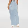 Saias angustiadas denim para mulher 2024 verão moda sexy luz azul jean longo buraco saia com fenda streetwear