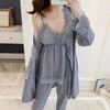 Printemps été femmes 4 pièces pyjama ensemble vêtements de nuit sexy dentelle peignoir chemise de nuit shorts quatre pièces costume satin vêtements de nuit vêtements de maison 240126