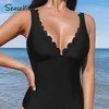 Costumi da bagno da donna SEASELFIE Smerlato con scollo a V Costume intero da donna Nero Sexy spalline larghe Monokini 2024 Costume da bagno Beachwear