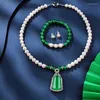 Ensemble collier et boucles d'oreilles HABITOO élégant naturel 7-8mm perle de culture d'eau douce blanche vert Jade CZ pendentif/Bracelet/boucles d'oreilles bijoux cadeau