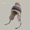 Inverno veludo malha bombardeiro chapéu feminino estilo étnico jacquard retro lã chapéu casal esqui quente proteção de orelha lei feng chapéu 240122
