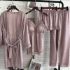 Printemps été femmes 4 pièces pyjama ensemble vêtements de nuit sexy dentelle peignoir chemise de nuit shorts quatre pièces costume satin vêtements de nuit vêtements de maison 240126