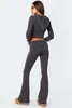 Women's Two Piece Pants Knit Rib High Waist Flares Crop Top With Zip Up Set Trousers Tracksuit Loungewear Y2k Style Cute Hoodie Outfits