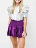 Women's Shorts Mardi Gras Women Smocked Elastic High Waist Wide Leg Short Pant Party Club Sparkly Metallic Pleated Ruffle Hem Flowy