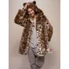 Designerpar faux pälsjacka med leopardtryck huva avslappnad lång kappa för män och kvinnor 7n91