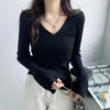 Women's Polos Black Knit Spring T Shirts Long Sleeve Pink Polo Neck Shirt Top Plain Clothes Synthetic V Trend With Collar Korean Style