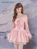 Casual Dresses Gentle Sweet Off-Shoulder Bowk Halter Sexig miniklänning för kvinnor Hög midja Slim Fit Kawaii Ball Gown Princess Winter