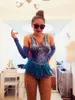 Sahne Giyim Tam Elmas Mavi Tüy Bodysuit Eldivenler Seksi Gece Kulübü Bar DJ Latin Kutbu Dans Singer Dancer için Performans Kostümü