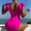 Damska odzież kąpielowa seksowna róża Rose Ruffled One Piece Swimsuit Kobiet V Neck Kobieta Monokini Bather Kąpiel Brazylijska pływanie na plaży