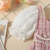Girl's Dresses Bear Leader Children Clothing Korean Style Tweed Plaid Pearl Button Small Fur Ball Decoration Fragrant Style Bubble Sleeve Dress
