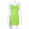 Vestidos casuais ruched bodycon sexy vestido mulheres sem mangas cordão mini verde elegante festa sem costas 2024 verão clube curto robe