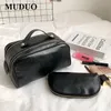 2 pezzi set borsa cosmetica in pelle di alta qualità borsa da viaggio grande da donna borsa da viaggio doppia cerniera borsa da toilette nera borsa per trucco di design 240125