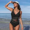 Women's Swimwear SEASELFIE Colorblock Mesh One-piece Swimsuit For Women Black Sexy V-neck Backless Monokini 2024 Bathing Suit Beachwear