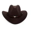 West Cowboy Hat Fashion Wool Wool Feel Metal Bull Head Dekoracja Sombrero Western Men Cap Black Brown 240130