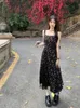 Vestidos casuais básicos deeptown y2k vintage preto floral vestido feminino estilo coreano malha irregular divisão uma peça deslizamento longo chiffon vestidos de fadas verão yq240201
