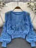 Kvinnors tröjor Singreiny Fashion Beading Ladies Sweater Top Women Lantern Sleeve Elastic Short Knit Blue 2024 Winter Streetwear Pullover