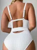 Damen-Bademode, einteiliger Damen-Badeanzug, reinweiß, V-Ausschnitt, Push-up-Badeanzug, Bauchkontrolle, Sommer-Badeanzug, Schnalle, eng anliegender Anzug, Monokini J240131