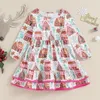 Girl Dresses FOCUSNORM 3-7Y Toddler Kid Christmas Dress Cartoon Cake Print Long Sleeve Round Neck A-Line Layered