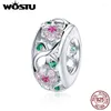 Loose Gemstones WOSTU Authentic 925 Sterling Silver Pink Flowers Beads Charms Pendant Fit Bracelets Women Party DIY Fine Jewelry Gift Making