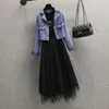 Arbeitskleider Große Größe Frühling und Herbst Damenanzug 2024 Stil Taille Eng Schlank Aging Western Denim Mantel Kleid Zweiteiliges Set