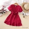 Girl's Dresses Kids Casual Summer Dress for Girls Toddler Short Sleeve Red Solid Princess Wrap Dress with Belt Fashion Children Clothing 2-8Y