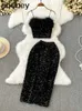Dwuczęściowa sukienka zimowa cekina seksowna dwuczęściowa zestaw do damskiej kamizelki błyszczącej i bez rękawów oraz midi paskujący do mody damskiej J240202