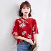 Blusa estilo chinês gola alta camisa de chiffon feminina verão melhorado cheongsam topo casual retro vermelho blusas femininas 2021